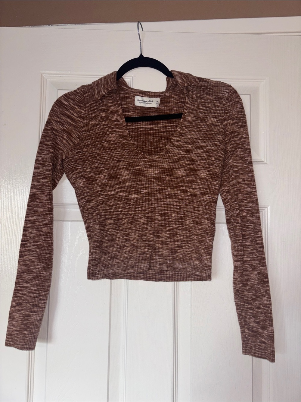 Abercrombie & Fitch Brown Marled V-Neck Long Sleeve Top - Cropped Style